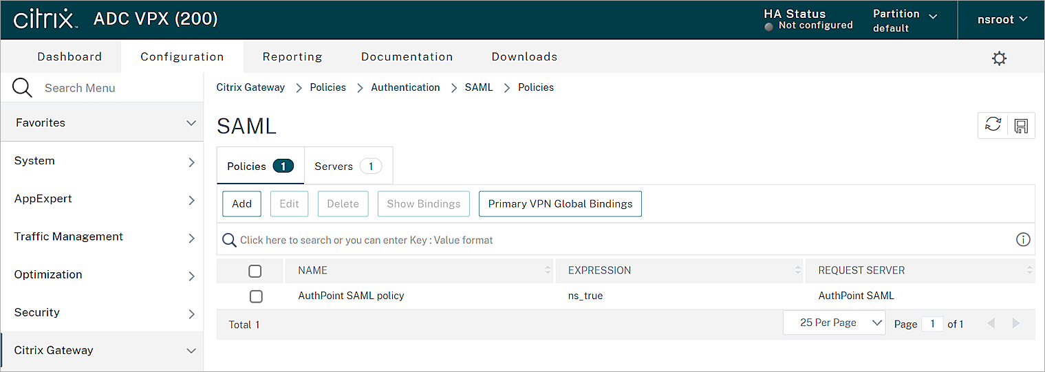 Screen shot of the creat authentication SAML Policies